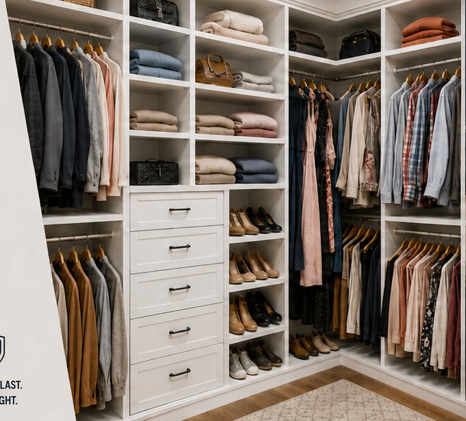 Custom white closet with clothes, drawers, shelves, and shoe storage