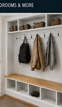 Mudroom bench with hooks, baskets, jackets, and shoe cubbies